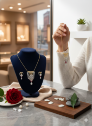 Geometric Floral Diamond & Ruby Pendant Set - Image 2