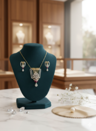 Geometric Floral Diamond & Ruby Pendant Set - Image 3