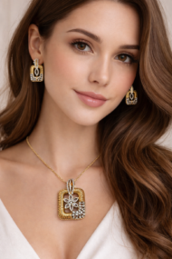 Two-Toned Gold & Diamond Square Pendant Set - Image 2